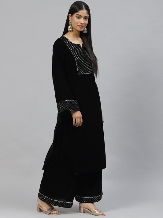 Black Velvet Hand Work Kurta Pant With Net Dupatta Set | LASVINI - Redefining Indian Fashion with Elegance