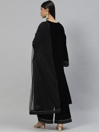 Black Velvet Hand Work Kurta Pant With Net Dupatta Set | LASVINI - Redefining Indian Fashion with Elegance