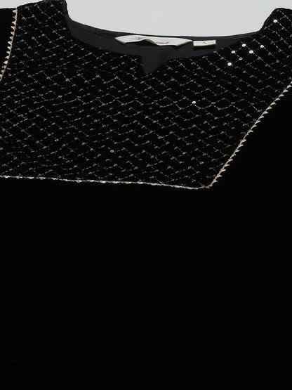 Black Velvet Hand Work Kurta Pant With Net Dupatta Set | LASVINI - Redefining Indian Fashion with Elegance