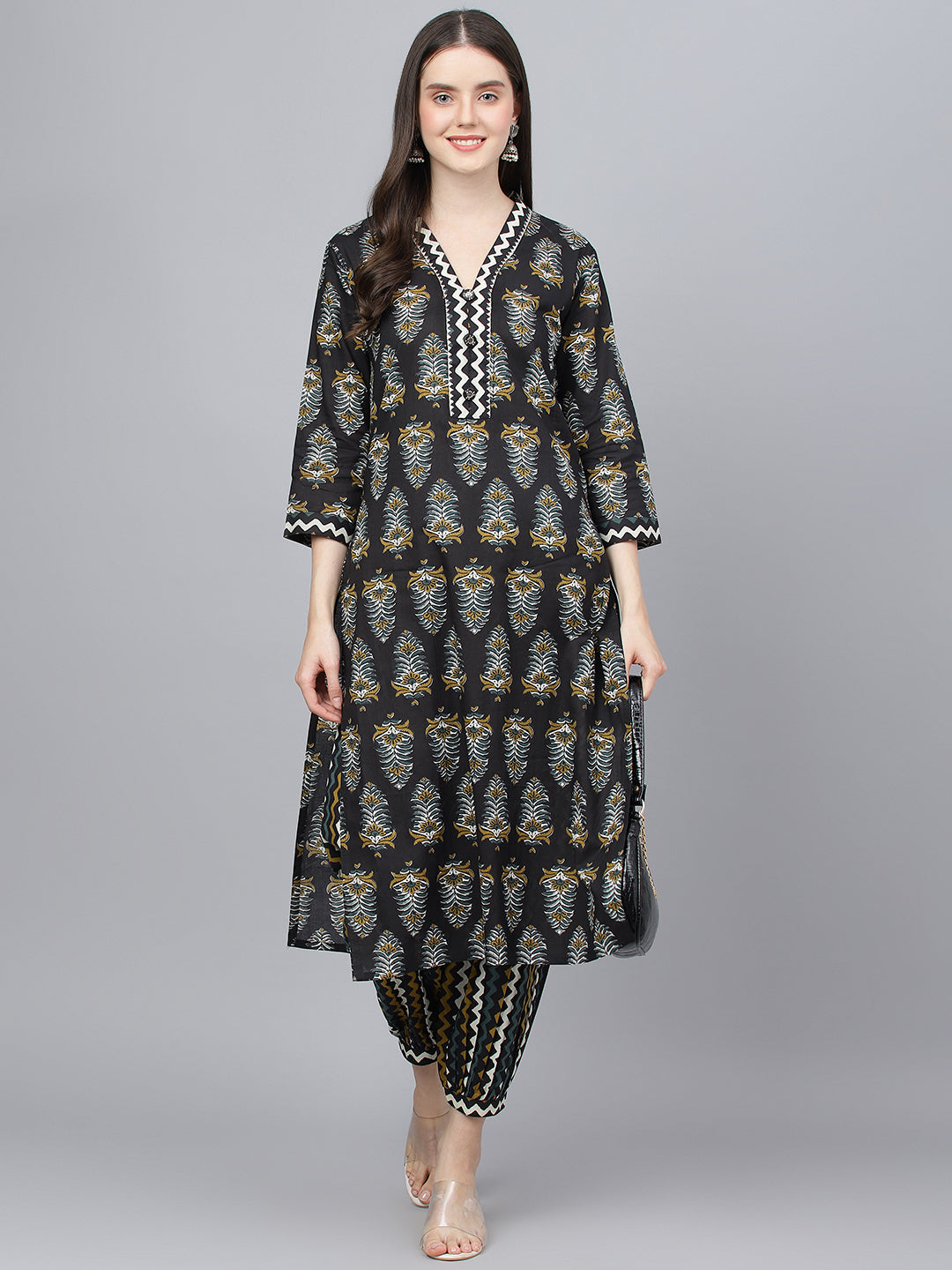 Women Black Cotton Straight Kurta Hem Cuffed Pant Set | LASVINI - Redefining Indian Fashion with Elegance