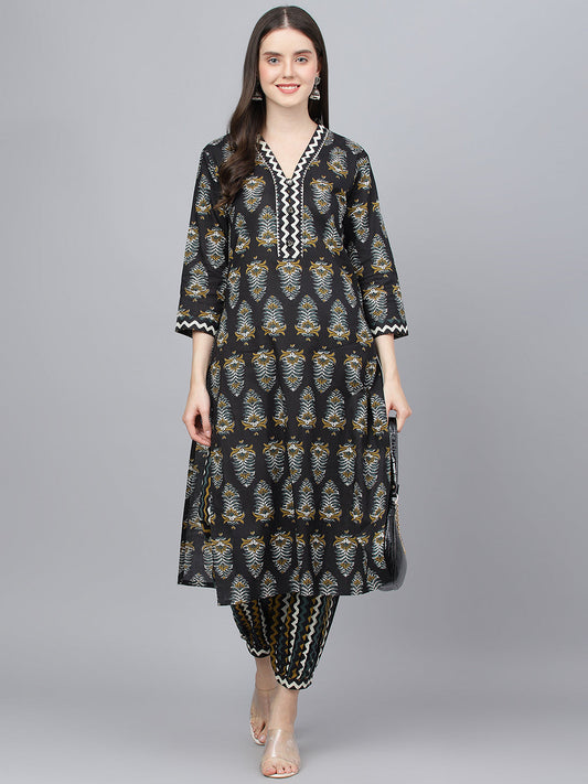 Women Black Cotton Straight Kurta Hem Cuffed Pant Set | LASVINI - Redefining Indian Fashion with Elegance