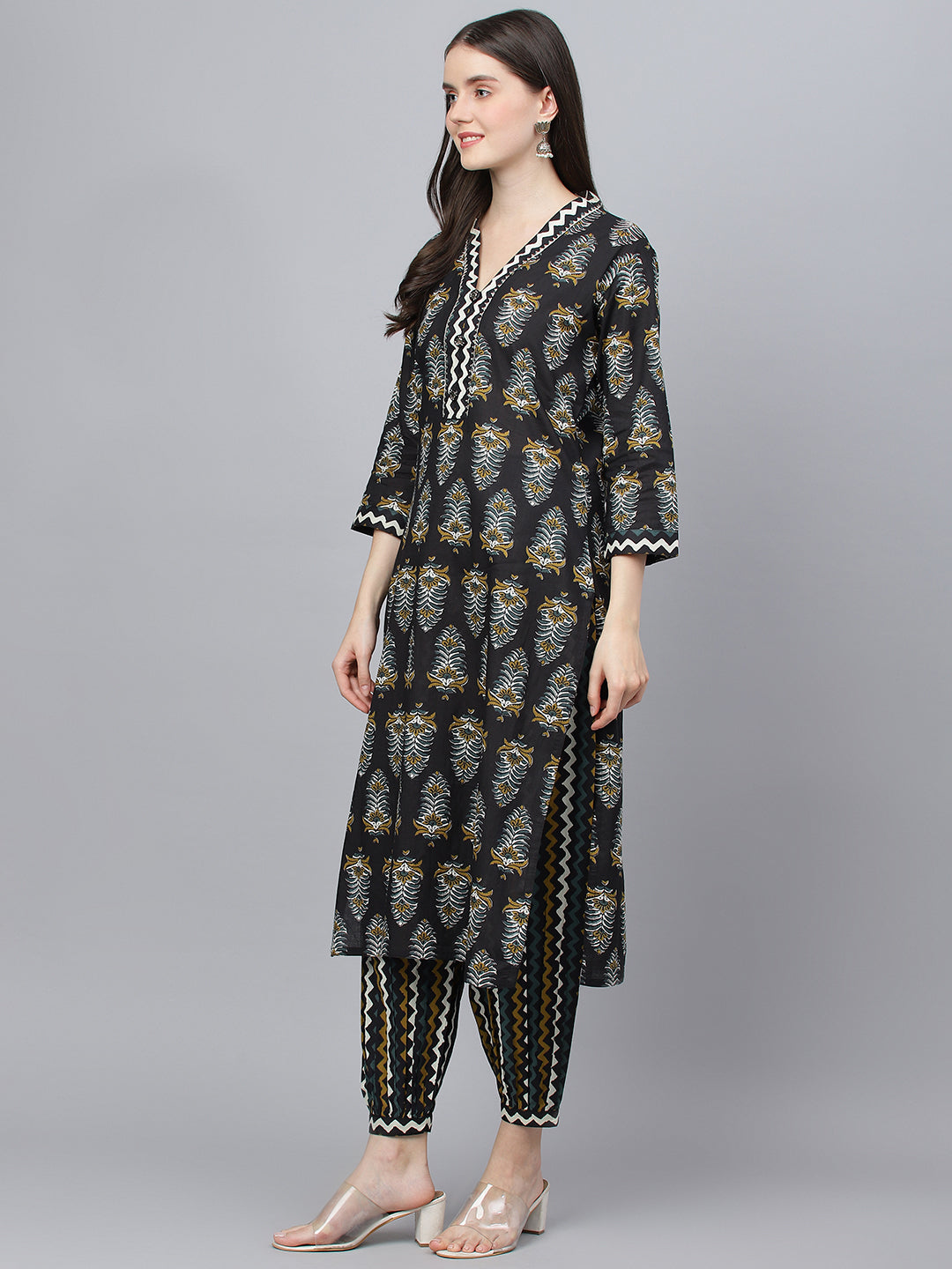 Women Black Cotton Straight Kurta Hem Cuffed Pant Set | LASVINI - Redefining Indian Fashion with Elegance