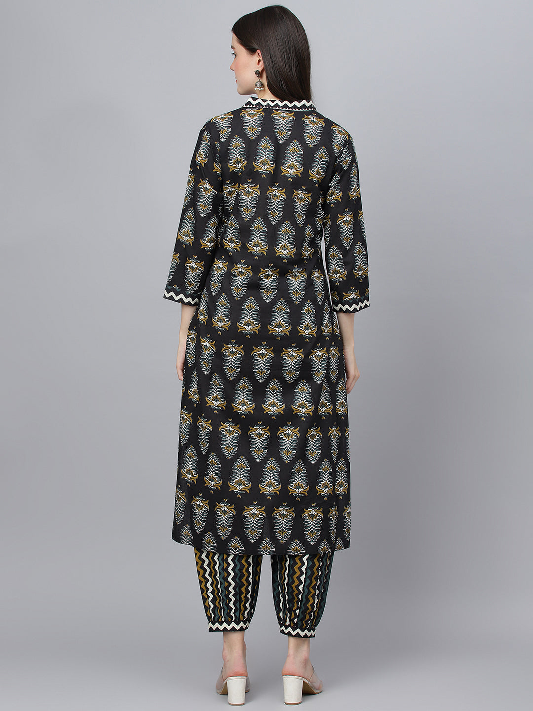 Women Black Cotton Straight Kurta Hem Cuffed Pant Set | LASVINI - Redefining Indian Fashion with Elegance