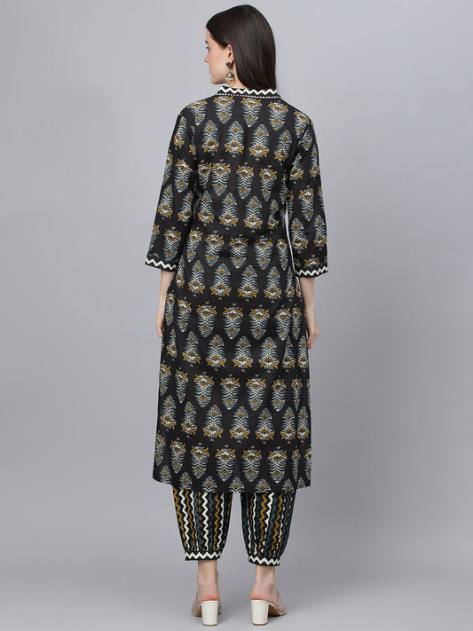 Women Black Cotton Straight Kurta Hem Cuffed Pant Set | LASVINI - Redefining Indian Fashion with Elegance