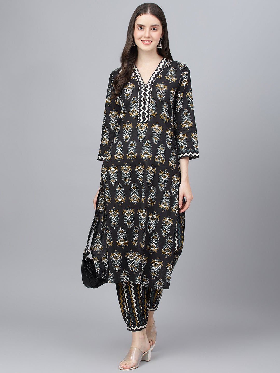 Women Black Cotton Straight Kurta Hem Cuffed Pant Set | LASVINI - Redefining Indian Fashion with Elegance