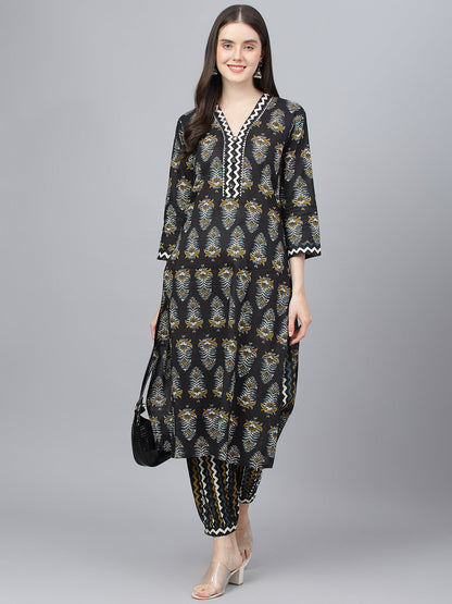 Women Black Cotton Straight Kurta Hem Cuffed Pant Set | LASVINI - Redefining Indian Fashion with Elegance