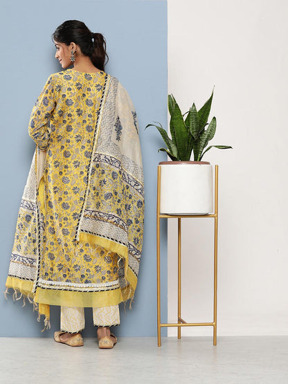 Yellow Pure Chanderi Kurta Pant Set With Dupatta | LASVINI - Redefining Indian Fashion with Elegance