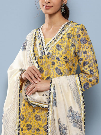 Yellow Pure Chanderi Kurta Pant Set With Dupatta | LASVINI - Redefining Indian Fashion with Elegance
