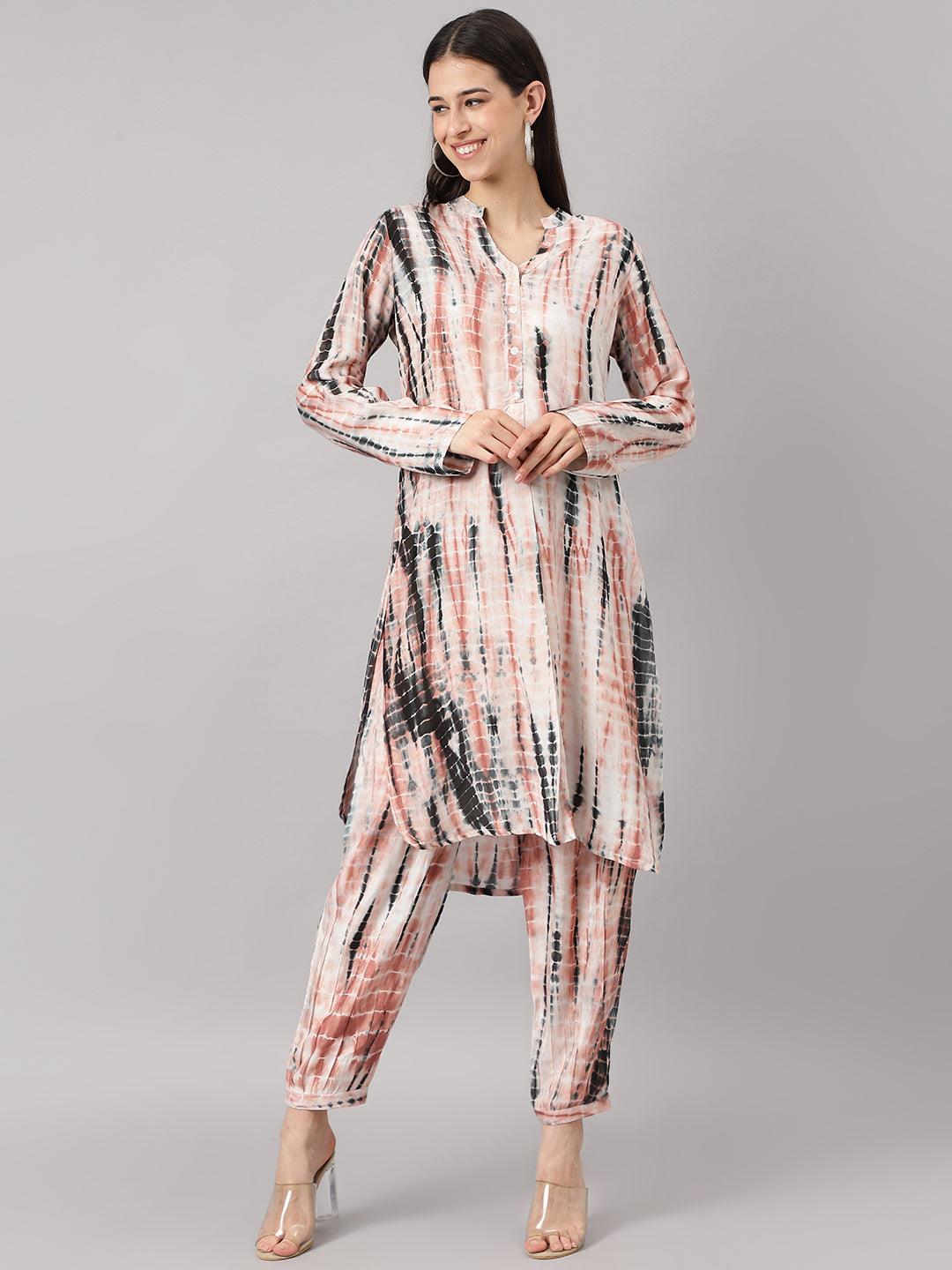 Cream Muslin Tie And Dye Kurta With Ham Cuffed Pant Set | LASVINI - Redefining Indian Fashion with Elegance