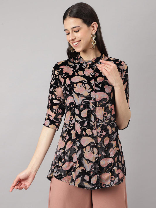 Black Floral Burn Out Velvet A-Line Shirts Style Top | LASVINI - Redefining Indian Fashion with Elegance