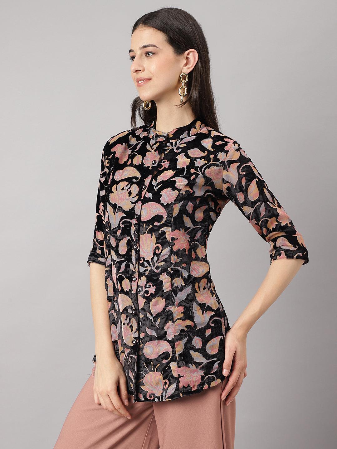 Black Floral Burn Out Velvet A-Line Shirts Style Top | LASVINI - Redefining Indian Fashion with Elegance