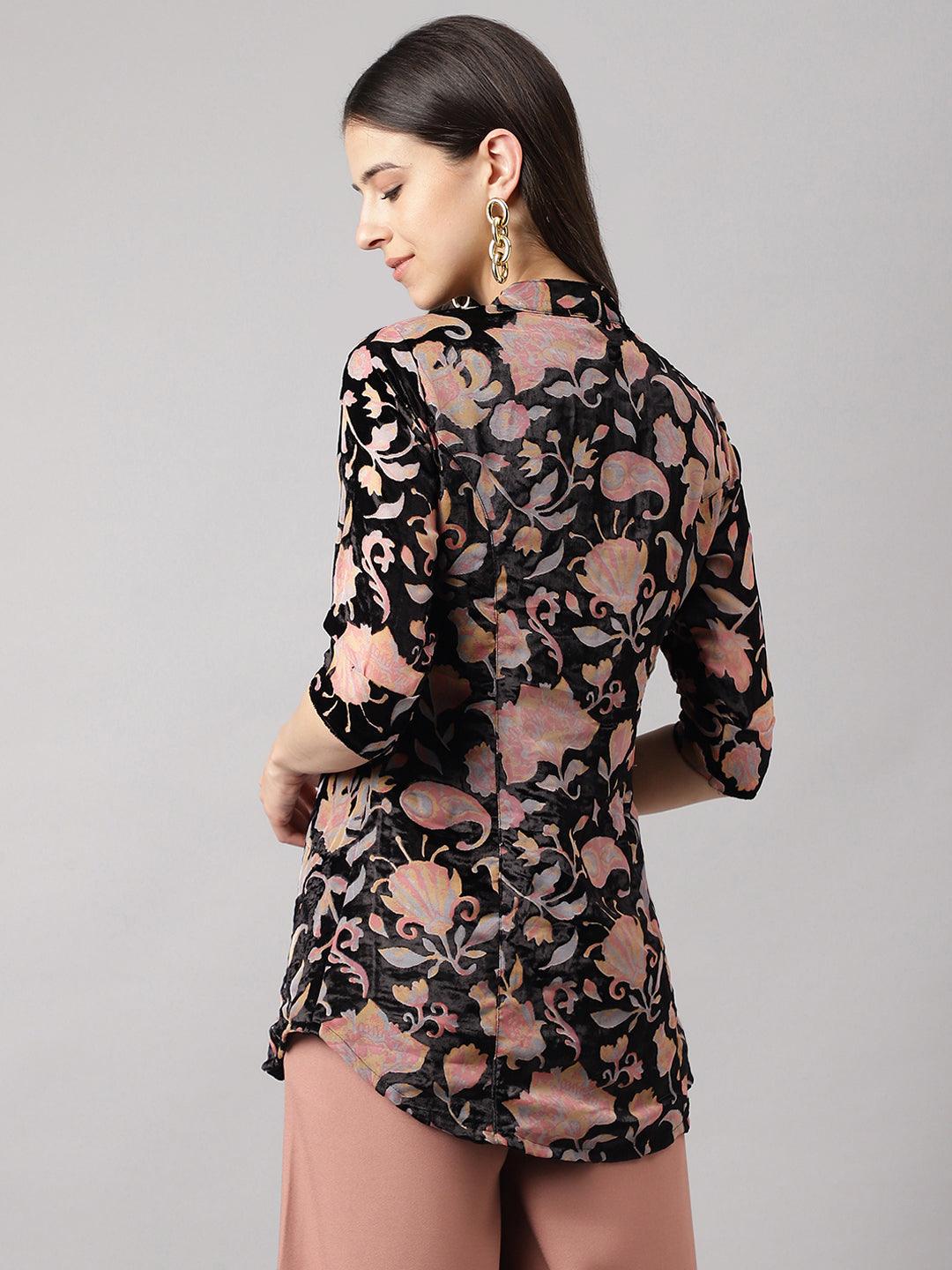 Black Floral Burn Out Velvet A-Line Shirts Style Top | LASVINI - Redefining Indian Fashion with Elegance