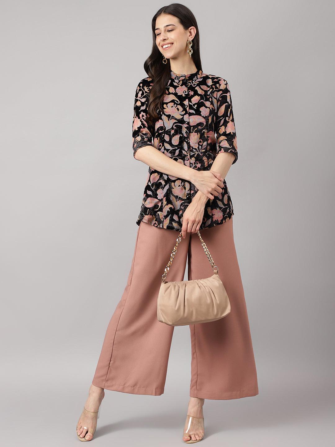Black Floral Burn Out Velvet A-Line Shirts Style Top | LASVINI - Redefining Indian Fashion with Elegance