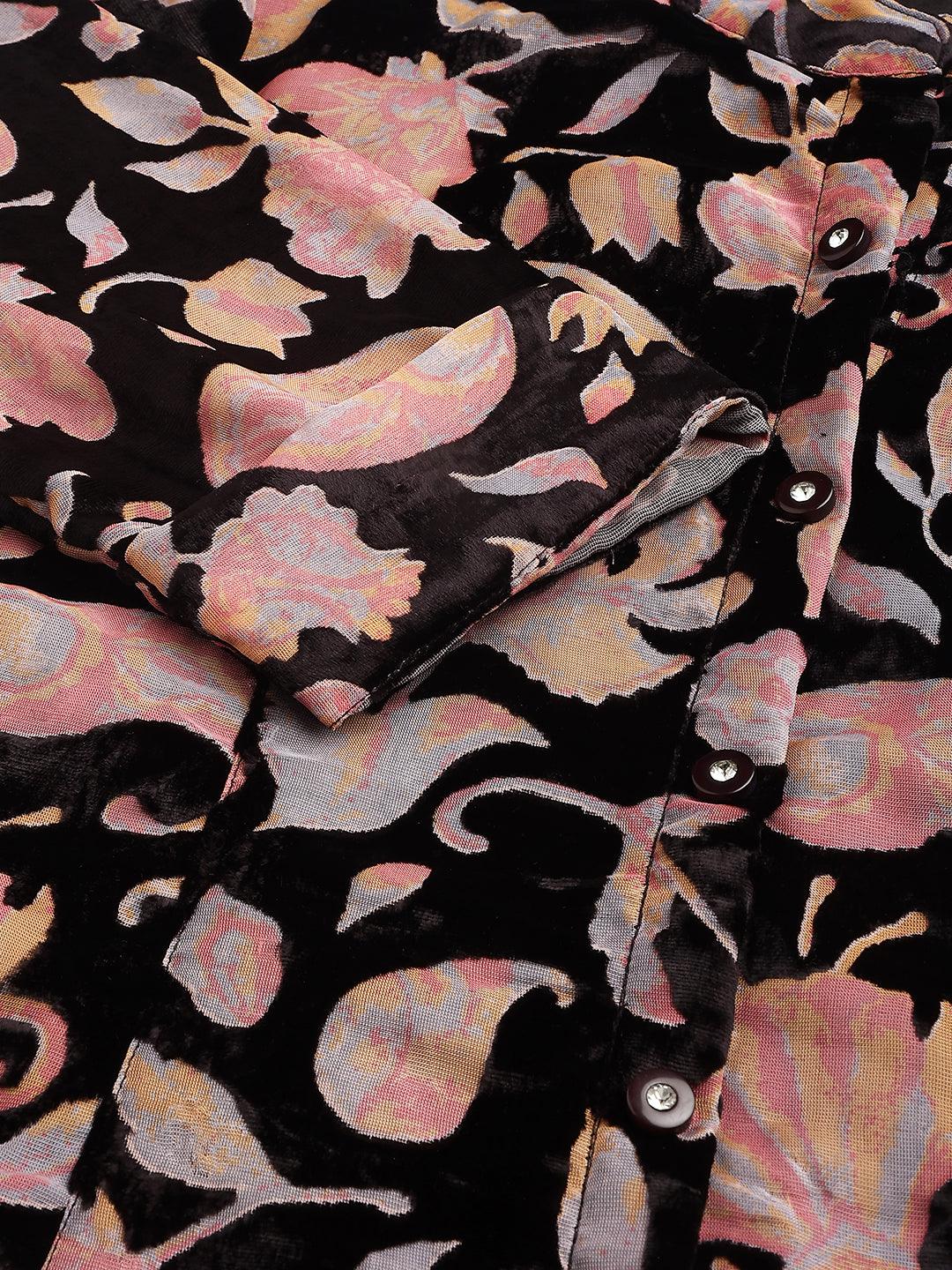 Black Floral Burn Out Velvet A-Line Shirts Style Top | LASVINI - Redefining Indian Fashion with Elegance