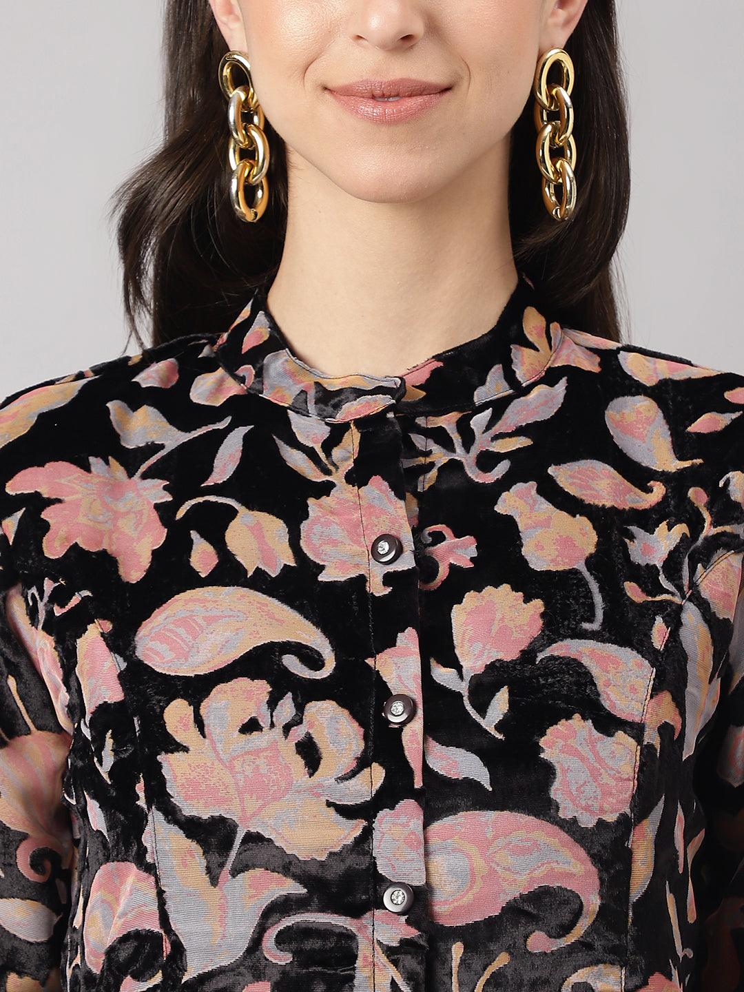 Black Floral Burn Out Velvet A-Line Shirts Style Top | LASVINI - Redefining Indian Fashion with Elegance