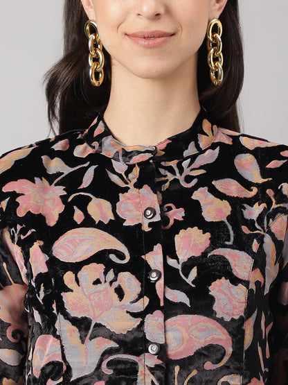 Black Floral Burn Out Velvet A-Line Shirts Style Top | LASVINI - Redefining Indian Fashion with Elegance