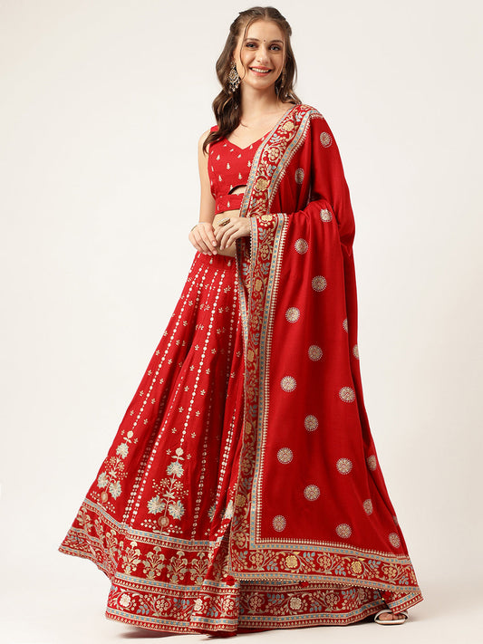 Ethnic Motifs Printed Maroon Lehenga & Blouse With Dupatta | LASVINI - Redefining Indian Fashion with Elegance
