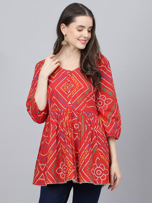 Women Red Bandhani Printed Cotton Peplum Top | LASVINI - Redefining Indian Fashion with Elegance