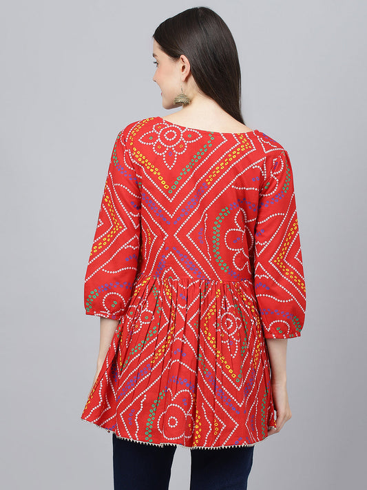 Women Red Bandhani Printed Cotton Peplum Top | LASVINI - Redefining Indian Fashion with Elegance