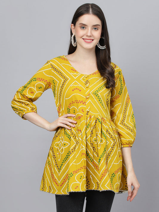 Women Mustard Bandhani Printed Cotton Peplum Top | LASVINI - Redefining Indian Fashion with Elegance