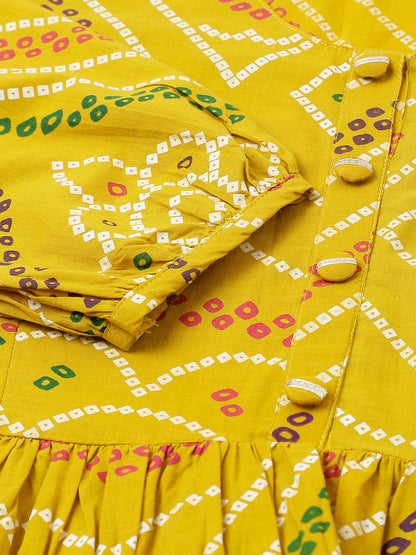 Women Mustard Bandhani Printed Cotton Peplum Top | LASVINI - Redefining Indian Fashion with Elegance