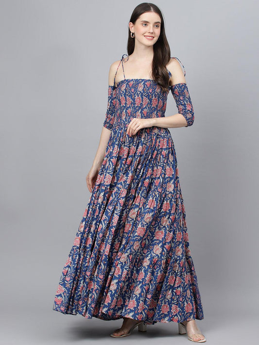 Blue Floral Printed Shoulder Strips Flared Long Dress | LASVINI - Redefining Indian Fashion with Elegance