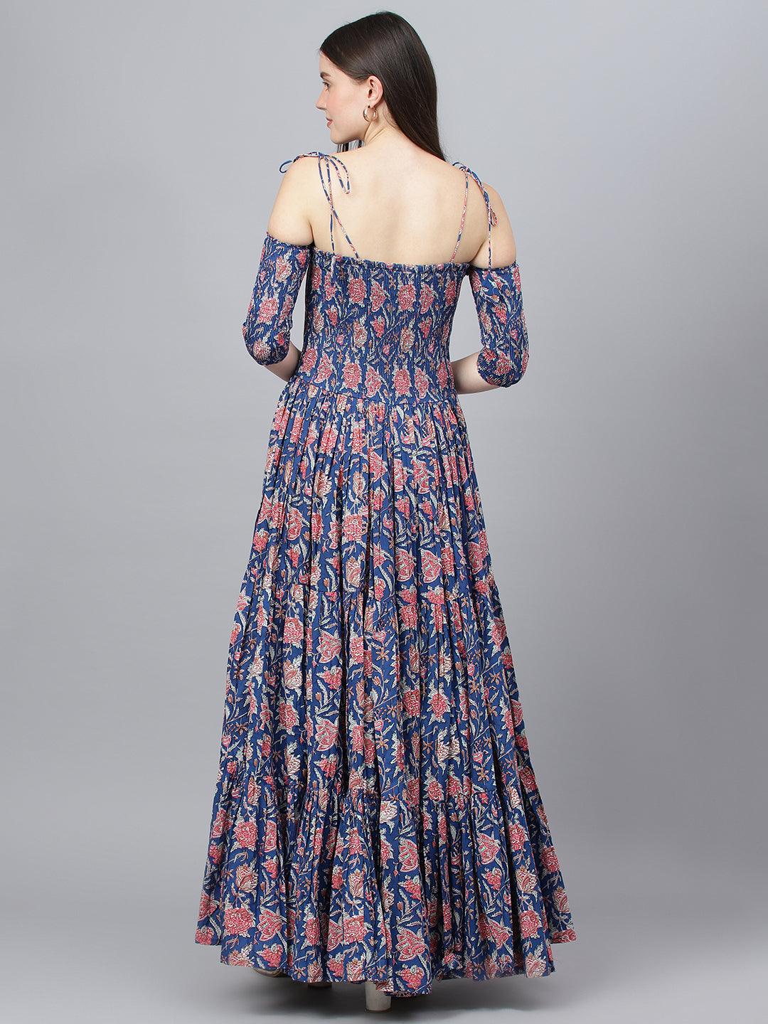 Blue Floral Printed Shoulder Strips Flared Long Dress | LASVINI - Redefining Indian Fashion with Elegance