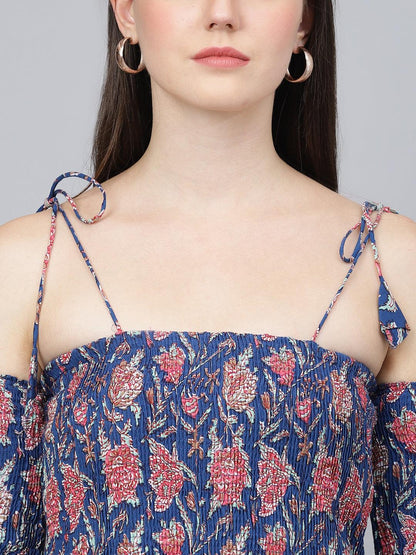 Blue Floral Printed Shoulder Strips Flared Long Dress | LASVINI - Redefining Indian Fashion with Elegance
