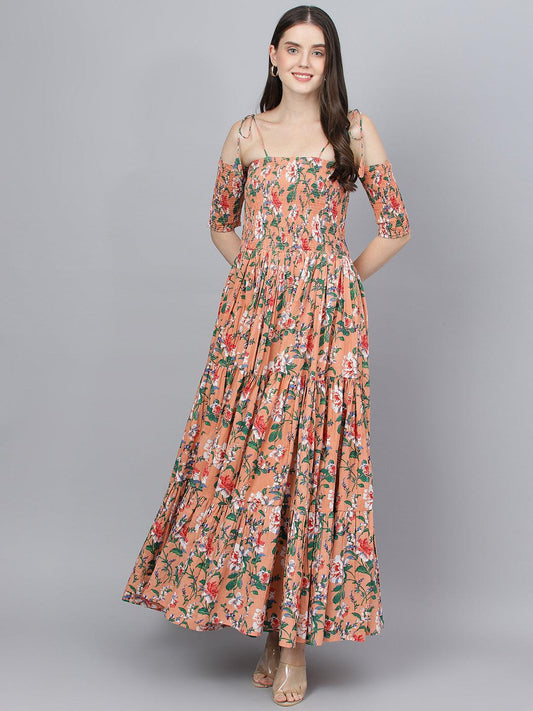 Peach Floral Printed Shoulder Strips Flared Long Dress | LASVINI - Redefining Indian Fashion with Elegance