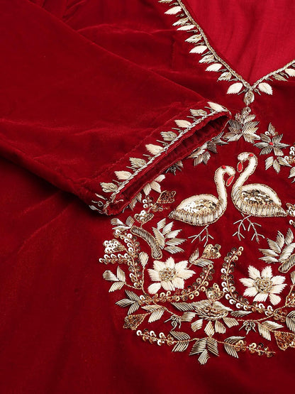 Maroon Solid Velvet Hand Work Kurta Pant With Organza Dupatta Set | LASVINI - Redefining Indian Fashion with Elegance
