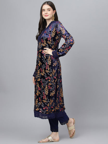 Women Blue Floral Burn Out Valvet Kurta Pant With Organza Dupatta Set | LASVINI - Redefining Indian Fashion with Elegance