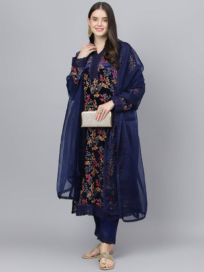 Women Blue Floral Burn Out Valvet Kurta Pant With Organza Dupatta Set | LASVINI - Redefining Indian Fashion with Elegance