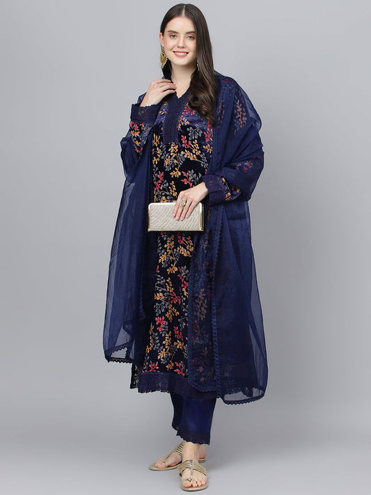 Women Blue Floral Burn Out Valvet Kurta Pant With Organza Dupatta Set | LASVINI - Redefining Indian Fashion with Elegance