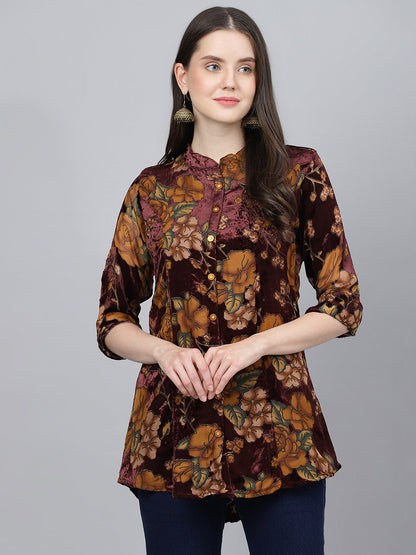 Women Wine Floral Burn Out Valvet A-Line Shirts Style Top | LASVINI - Redefining Indian Fashion with Elegance