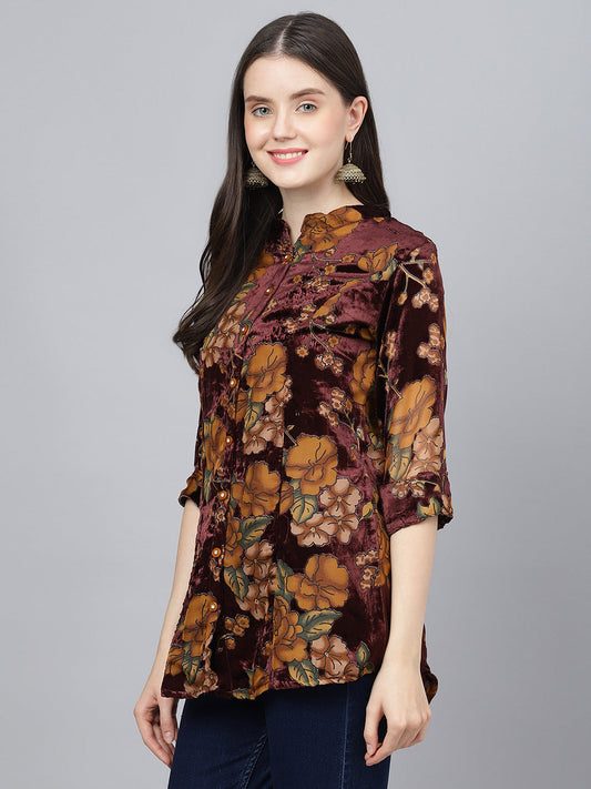 Women Wine Floral Burn Out Valvet A-Line Shirts Style Top | LASVINI - Redefining Indian Fashion with Elegance