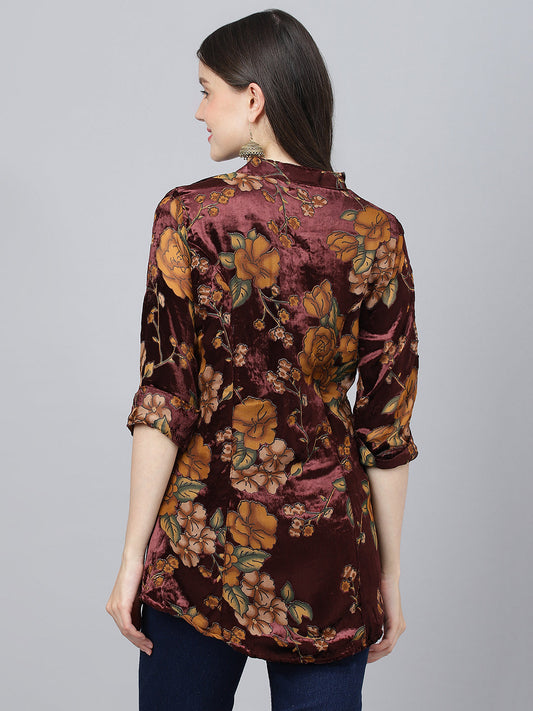 Women Wine Floral Burn Out Valvet A-Line Shirts Style Top | LASVINI - Redefining Indian Fashion with Elegance