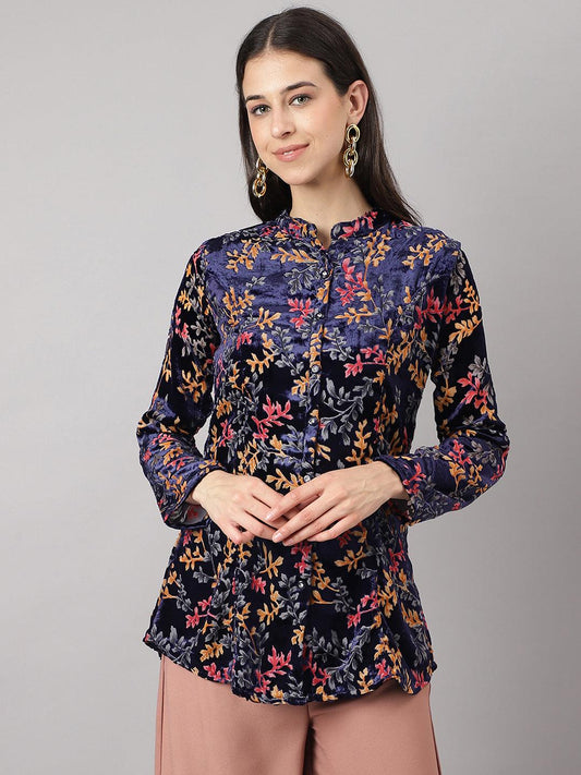 Blue Floral Burn Out Velvet A-Line Shirts Style Top | LASVINI - Redefining Indian Fashion with Elegance