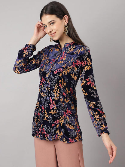 Blue Floral Burn Out Velvet A-Line Shirts Style Top | LASVINI - Redefining Indian Fashion with Elegance