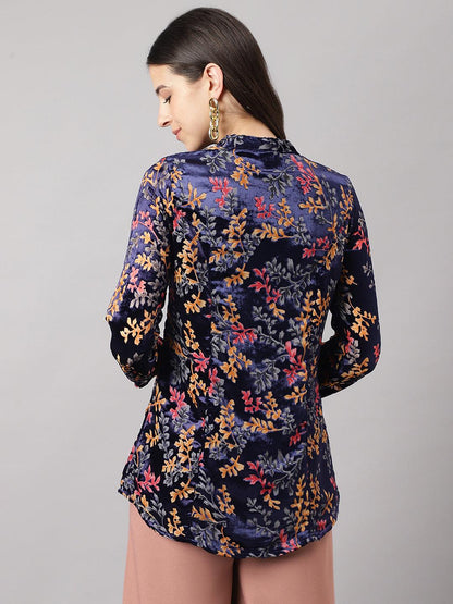 Blue Floral Burn Out Velvet A-Line Shirts Style Top | LASVINI - Redefining Indian Fashion with Elegance