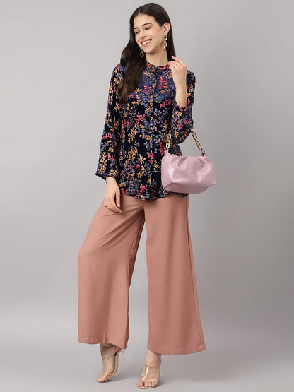 Blue Floral Burn Out Velvet A-Line Shirts Style Top | LASVINI - Redefining Indian Fashion with Elegance