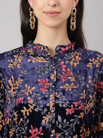 Blue Floral Burn Out Velvet A-Line Shirts Style Top | LASVINI - Redefining Indian Fashion with Elegance