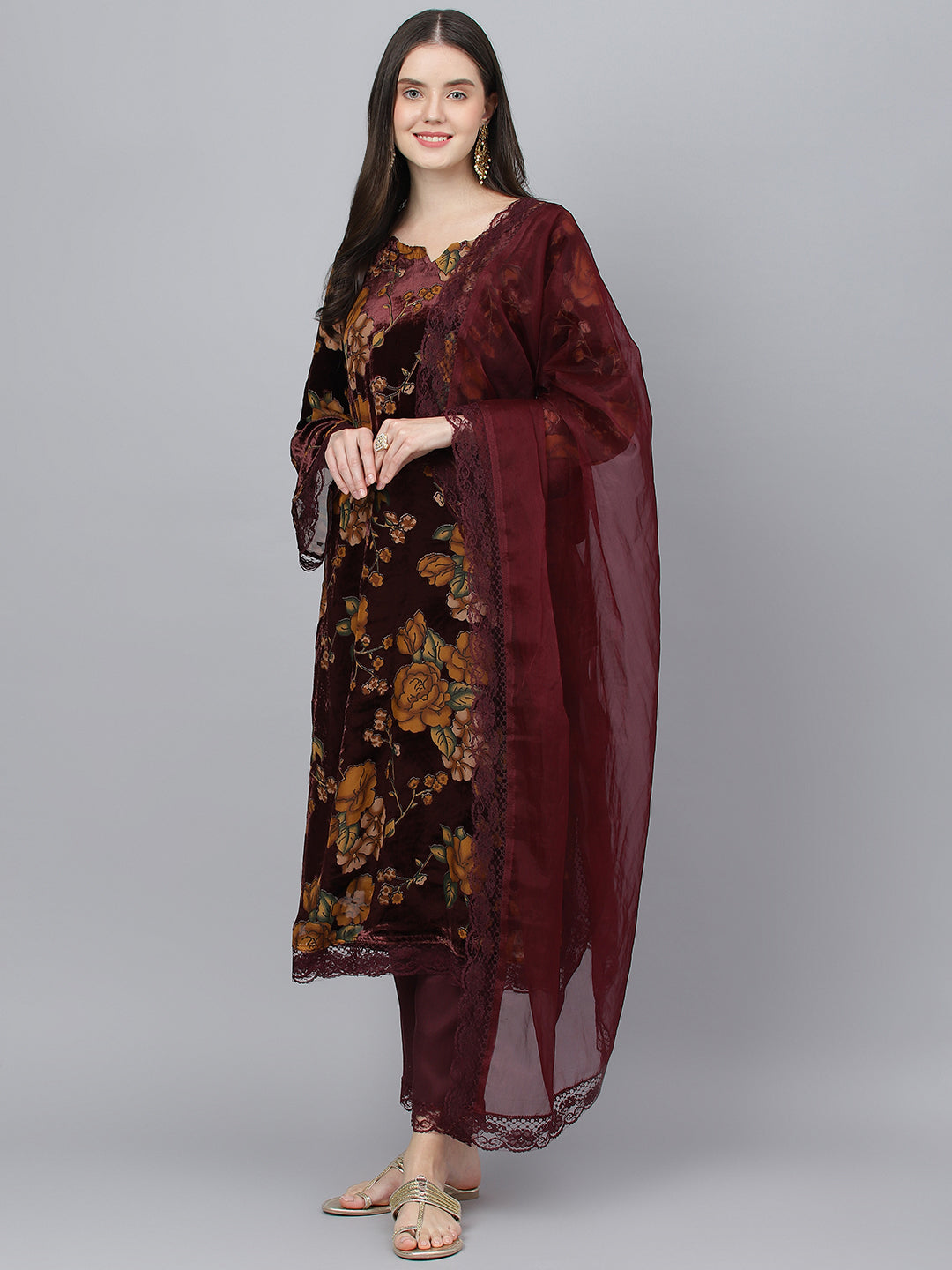 Women Wine Floral Burn Out Valvet Kurta Pant With Organza Dupatta Set | LASVINI - Redefining Indian Fashion with Elegance