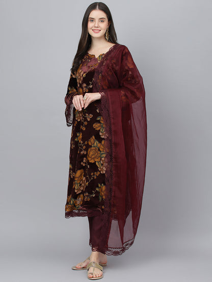 Women Wine Floral Burn Out Valvet Kurta Pant With Organza Dupatta Set | LASVINI - Redefining Indian Fashion with Elegance
