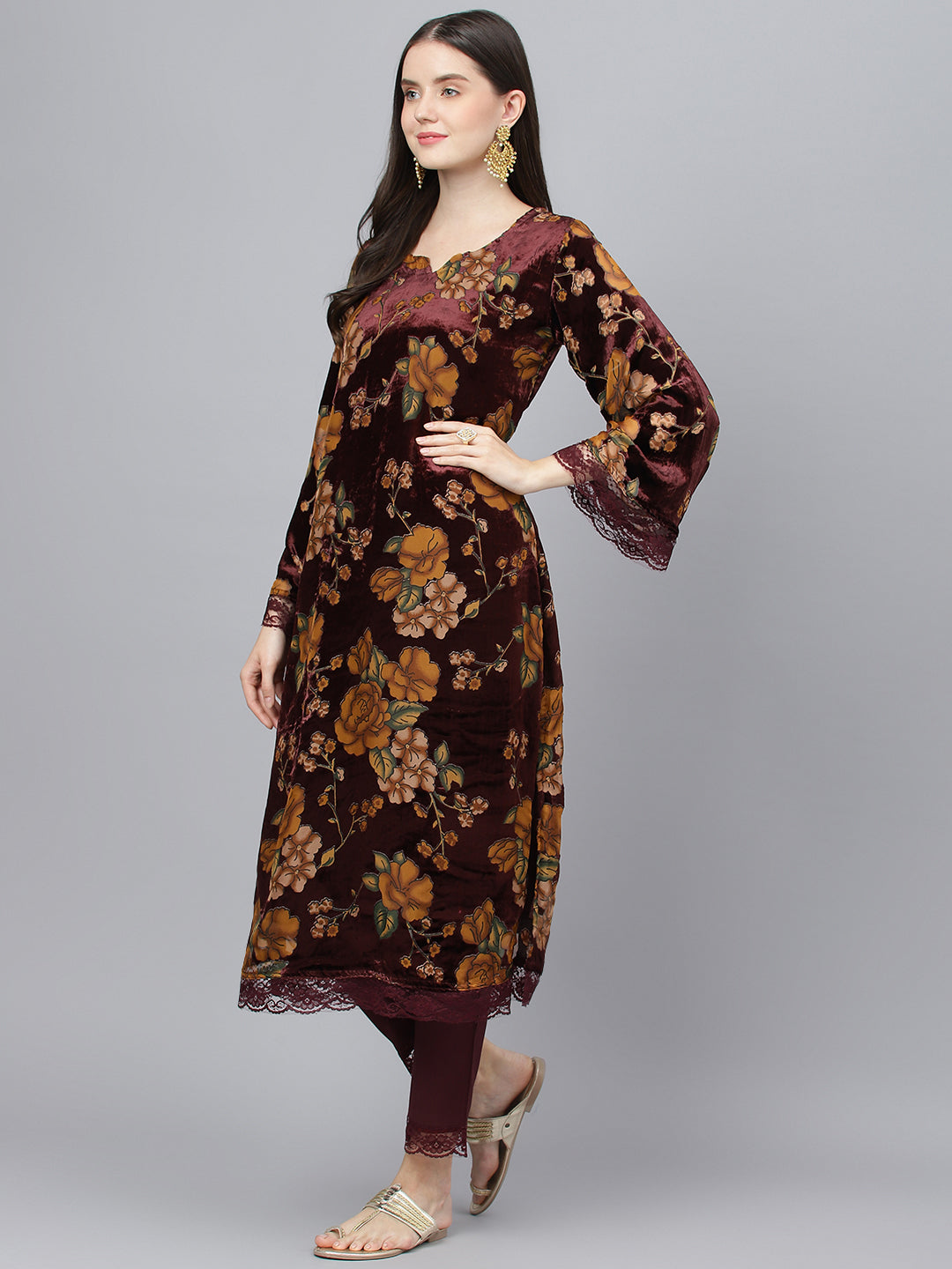 Women Wine Floral Burn Out Valvet Kurta Pant With Organza Dupatta Set | LASVINI - Redefining Indian Fashion with Elegance