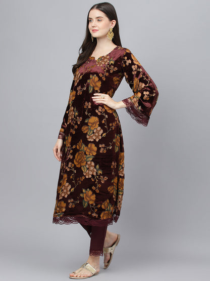 Women Wine Floral Burn Out Valvet Kurta Pant With Organza Dupatta Set | LASVINI - Redefining Indian Fashion with Elegance