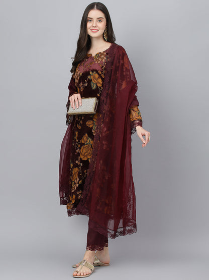 Women Wine Floral Burn Out Valvet Kurta Pant With Organza Dupatta Set | LASVINI - Redefining Indian Fashion with Elegance