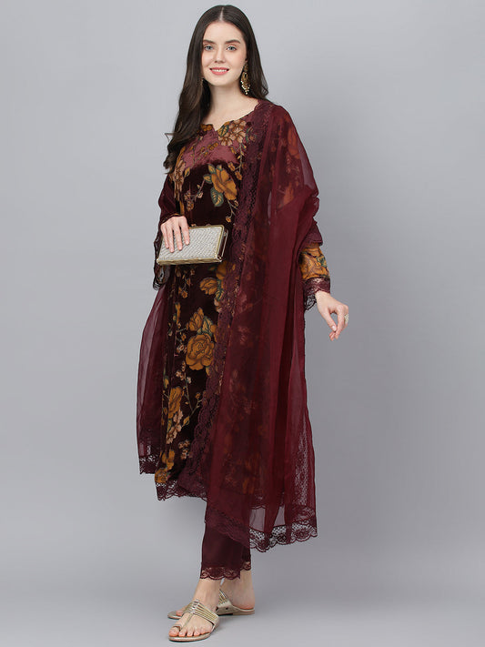 Women Wine Floral Burn Out Valvet Kurta Pant With Organza Dupatta Set | LASVINI - Redefining Indian Fashion with Elegance