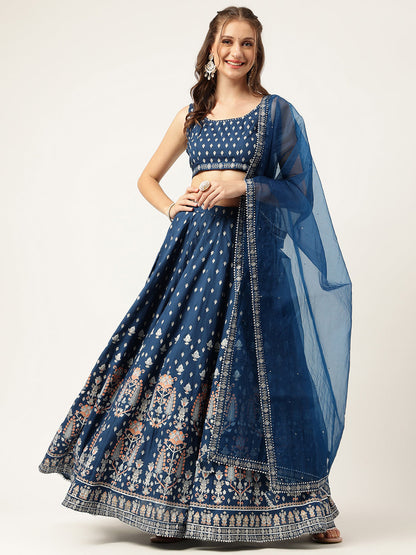 Blue Rayon Flared Lehenga Choli Set With Organza Dupatta | LASVINI - Redefining Indian Fashion with Elegance