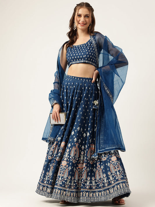 Blue Rayon Flared Lehenga Choli Set With Organza Dupatta | LASVINI - Redefining Indian Fashion with Elegance