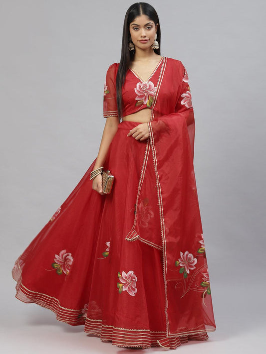 Red Hand Painted Organza Flared Lehenga Choli Set With Organza Dupatta | LASVINI - Redefining Indian Fashion with Elegance